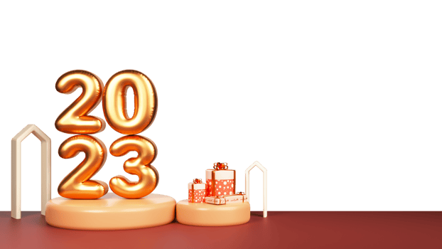 3D Golden Balloon 2023 Number Over Podium With Gift Boxes, Arch Shape And Illuminated Light Bulbs. png
