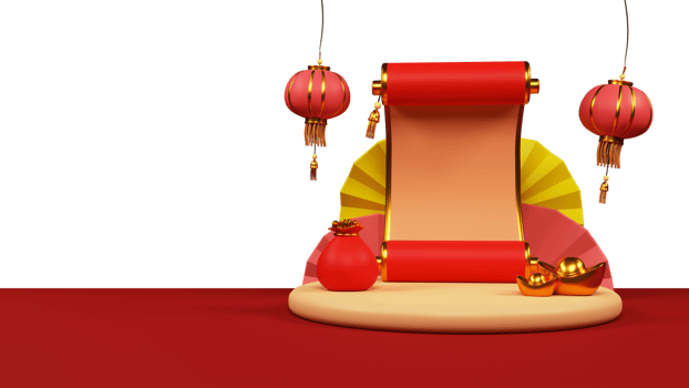 3D Render of Scroll Paper With Chinese Lanterns, Ingots, Coins Bag, Accordion Fold Round Paper And Copy Space. png
