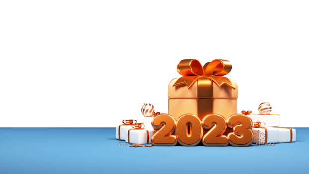 3D Render Of 2023 Number With Gift Boxes, Baubles, Snowflakes, Stars. png