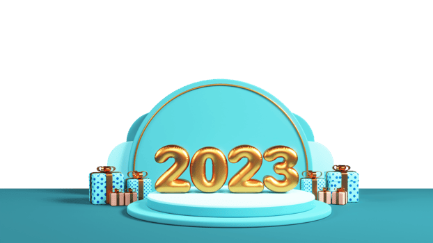 3D Golden Balloon 2023 Number Over Podium With Gift Boxes For Happy New Year Concept. png
