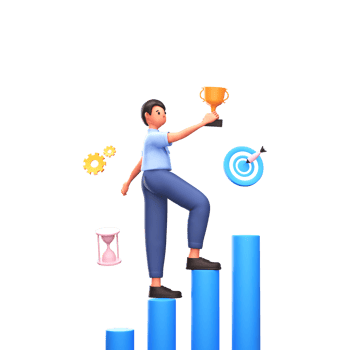 3D Render of Businessman Holding Trophy Cup At Bar Graph With Target Board, Cogwheel, Hourglass png