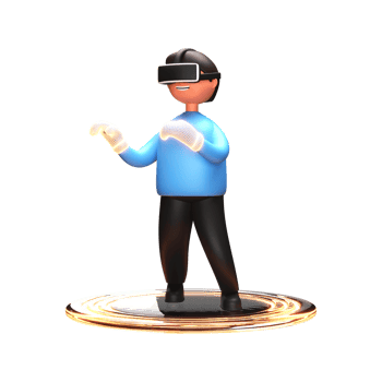 3D Rendering of a Male Character Wearing VR Goggle with Experiencing Wireframed Gloves In His Hands Standing on Golden Podium. png