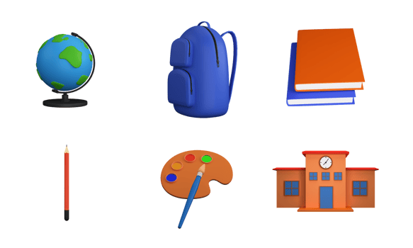 3D Rendering School Supplies of Bag, Books, Pen, Coloring Plate And Globe Stand. png