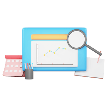 3D Rendering of Presentation Online Strategy With Magnifying Glass, Calendar And Pen Holder png
