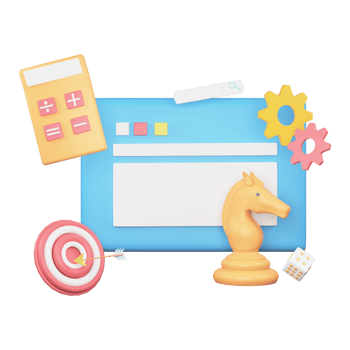 3D Rendering of Web Browser With Setting, Dartboard, Calculator, Dice And Knight Chess. png