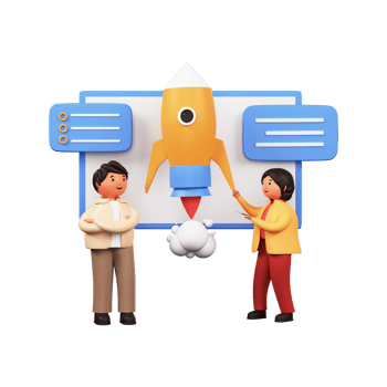 3D Render of Businessman And Woman Launching A Project of Rocket png