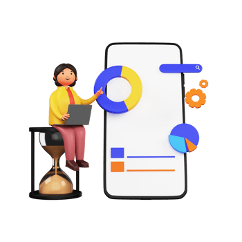 3D Render of Businesswoman Presenting Data Analysis On Smartphone Screen And Hourglass Illustration. png