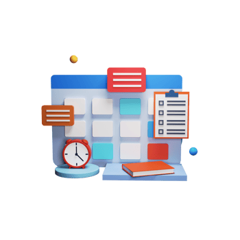 3D Render of Calendar With Clipboard, Clock, Book And Chat Box png