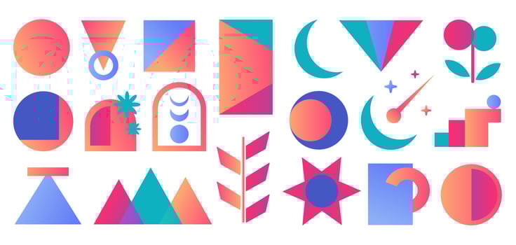 Collection of abstract gradient shapes and geometrical objects, decorative art, design elements. vector