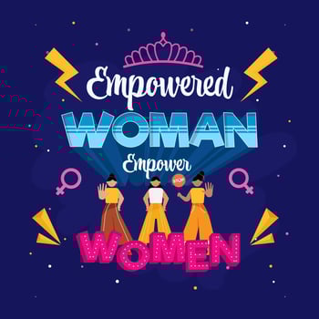 Empowered Woman Empower Women Text With Cartoon Young Girls Showing Stop Sign On Blue Background. vector