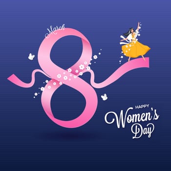 March Of 8 Number Form By Pink Ribbon With Young Girl Character On Blue Background For Happy Women's Day Concept. vector