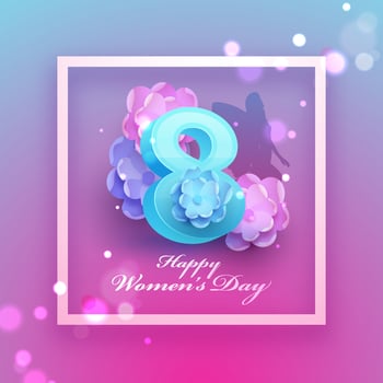3D 8 Number With Flowers, Silhouette Female Angel On Blue And Pink Bokeh Background For Happy Women's Day Concept. vector