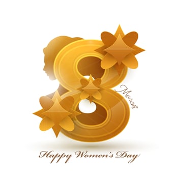 Golden 8 Number Of March With Flowers And Silhouette Female Face On White Background For Happy Women's Day Concept. vector
