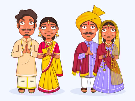 Two Images Of Indian Couple Doing Namaste In Traditional Attire. vector