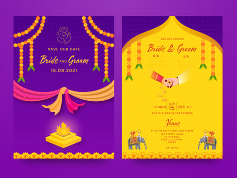 Indian Wedding Card Template Layout With Fire Pit On Purple Background. vector