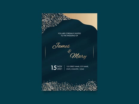 Modern Wedding Invitation Card With Event Details In Teal And Golden Color. vector