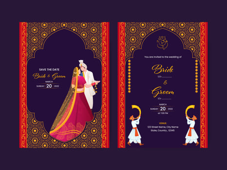 Floral Wedding Invitation Card With Indian Bridegroom Character And Event Details. vector