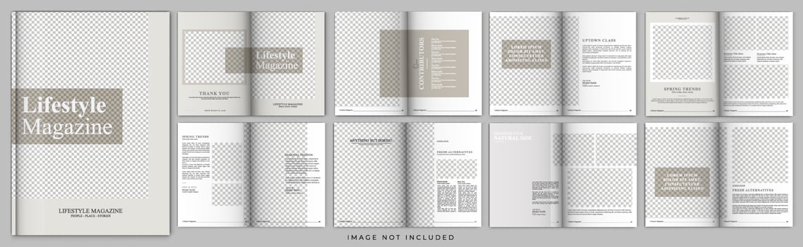 Creative fashion brand product catalog vector with photo placeholders. Modern fashion product catalog magazine template. Corporate business catalog design with yellow and dark colors