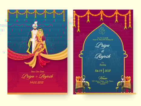 Indian Wedding Invitation Card Template Layout With Hindu Couple And Event Details. vector