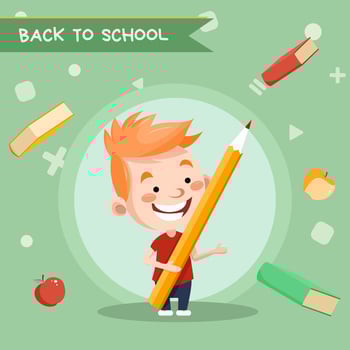 Postcard back to school,school admission with a little boy  standing with a pencil. Can be used for flyers, banners. vector