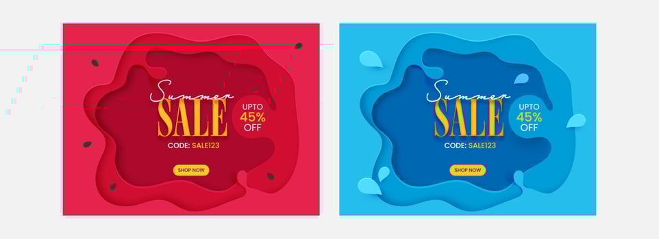 Summer Sale Poster Design With Discount Offer On Paper Layer Cut Background In Two Color Options. vector