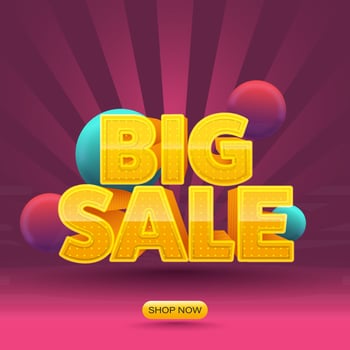 Yellow Big Sale Text With 3D Balls On Pink Rays Background. vector
