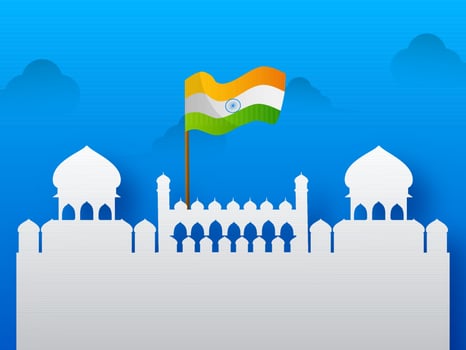 White Silhouette Red Fort Monument With Indian Flag On Blue Background. vector