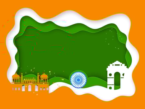 Tricolor Paper Layer Cut Background With India Famous Monuments And Ashoka Wheel. vector