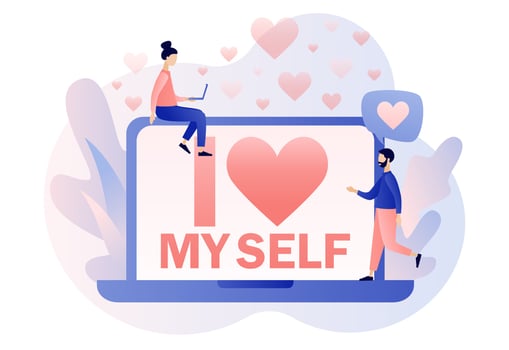 I love myself - text on laptop screen. Love yourself. Love your body. Bodypositive concept. Tiny people expressing self love and care. Modern flat cartoon style.Vector illustration on white background vector