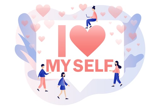 I love myself - big text. Love yourself. Love your body. Bodypositive concept. Tiny people expressing self love and care. Modern flat cartoon style. Vector illustration on white background