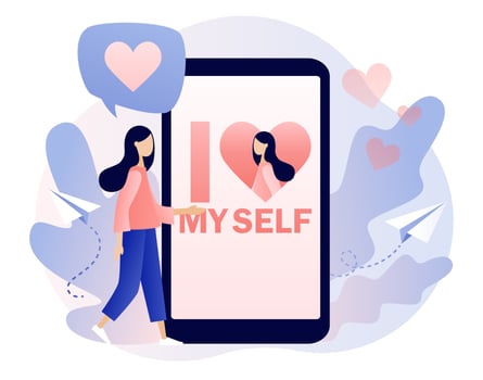 I love myself - text on smartphone screen. Love yourself. Love your body. Bodypositive concept. Tiny lady expressing self love and care. Modern flat cartoon style. Vector illustration