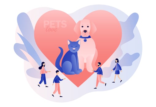 Animal rescue and pet protection. Big heart with cat and dog as symbol support and love pets. Animal shelter. Protection wildlife and rescue. Modern flat cartoon style. Vector illustration