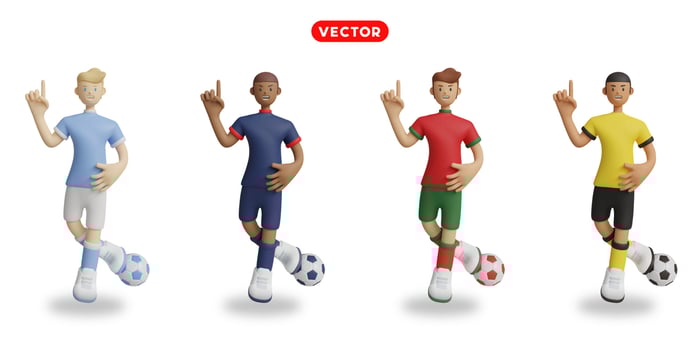 Football players in sky blue, blue, red with green, and yellow uniforms. vector