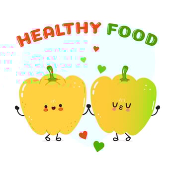 Yellow bell pepper and green bell pepper card. Vector hand drawn doodle style cartoon character illustration icon design. Happy Yellow bell pepper and green bell pepper friends concept card