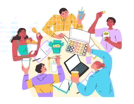 Young people eating noodles, rolls vector