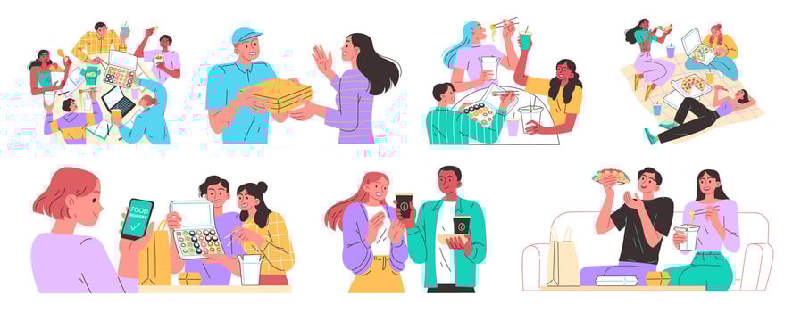 People eat, food delivery, cuisines of different countries vector