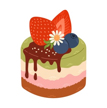 Cartoon drawing of a cake with a strawberry and blueberries on it. Cute strawberry dessert flat vector. Delicious sweet dessert with strawberry flavor for Valentine day. Vector illustration