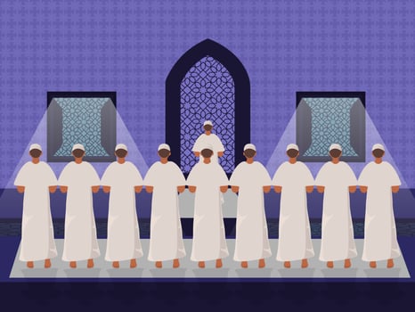 Crowd Of Muslim Worshippers Praying Salah Facing Mosque For Islamic Festival Celebration. vector
