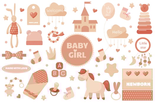 vector set pink toys for baby girl with lot of pretty decor