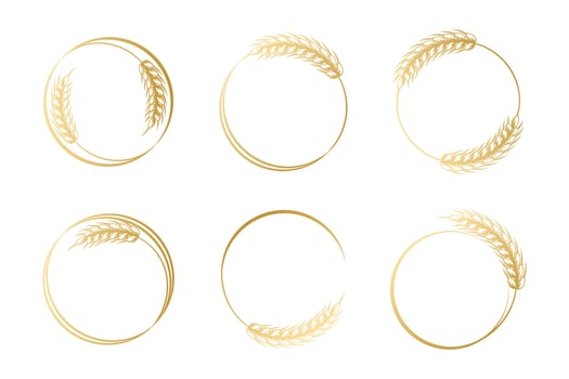 Set of round abstract golden icons of ears of wheat. Logo, icon, template, decor element, vector
