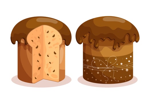 Easter cake set. Cakes with icing, whole and sliced. Easter icons, decor elements, vector