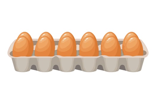 Fresh chicken eggs in a cardboard container, eggs in a box. Food illustration, vector