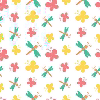 vector illustration of a seamless pattern of colored stylized butterflies and dragonflies on a white background
