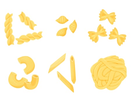 A set of different types of pasta. Penne, farfalle, fettuccine, conchiglie, gomiti rigatti, fusilli. Flat, cartoon style. Color vector illustration isolated on a white background.