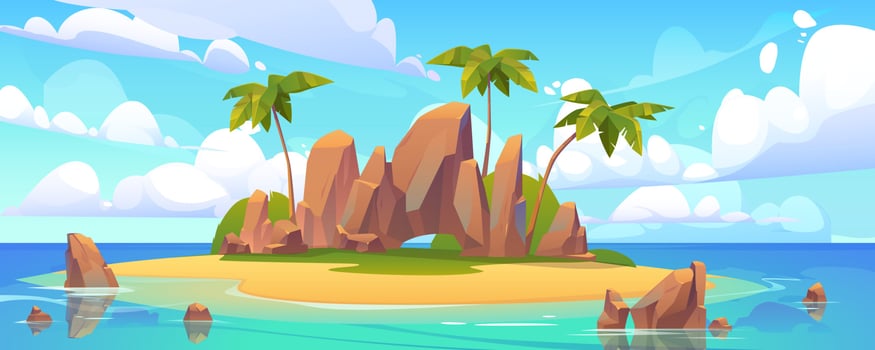 Island in ocean, uninhabited isle with sandy beach vector
