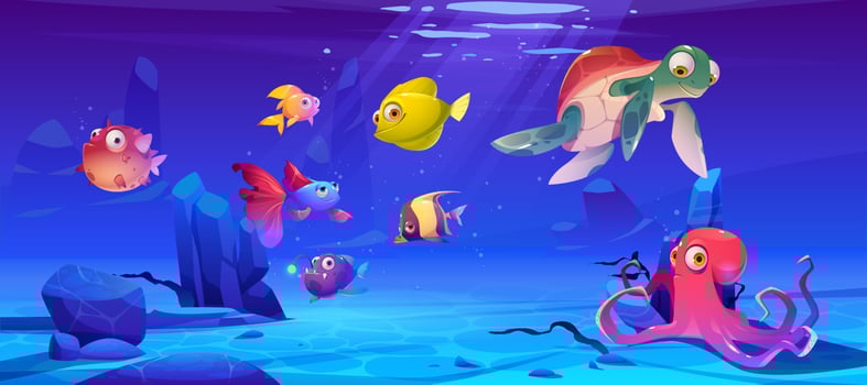 Underwater landscape with sea life animals vector