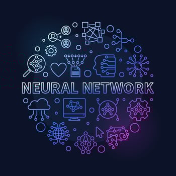 Neural Network concept thin line round colored banner - vector AI Technology illustration