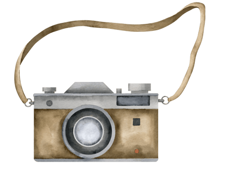 Vintage watercolor Camera. Hand drawn illustration of old retro analog equipment with lens for photography on isolated transparent background. Colorful drawing of objective for travel or adventure. png