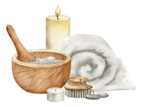 Spa cosmetic with mortar and towel. Hand drawn watercolor illustration of bodycare products for massage on isolated transparent background. Drawing of skin care toiletries. Natural beauty composition. png