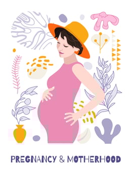 Beautiful pregnant woman. Banner or poster for websites, advertising, greeting card. Mother's day greeting. Health care, female, happy motherhood concept. Minimalism style. vector